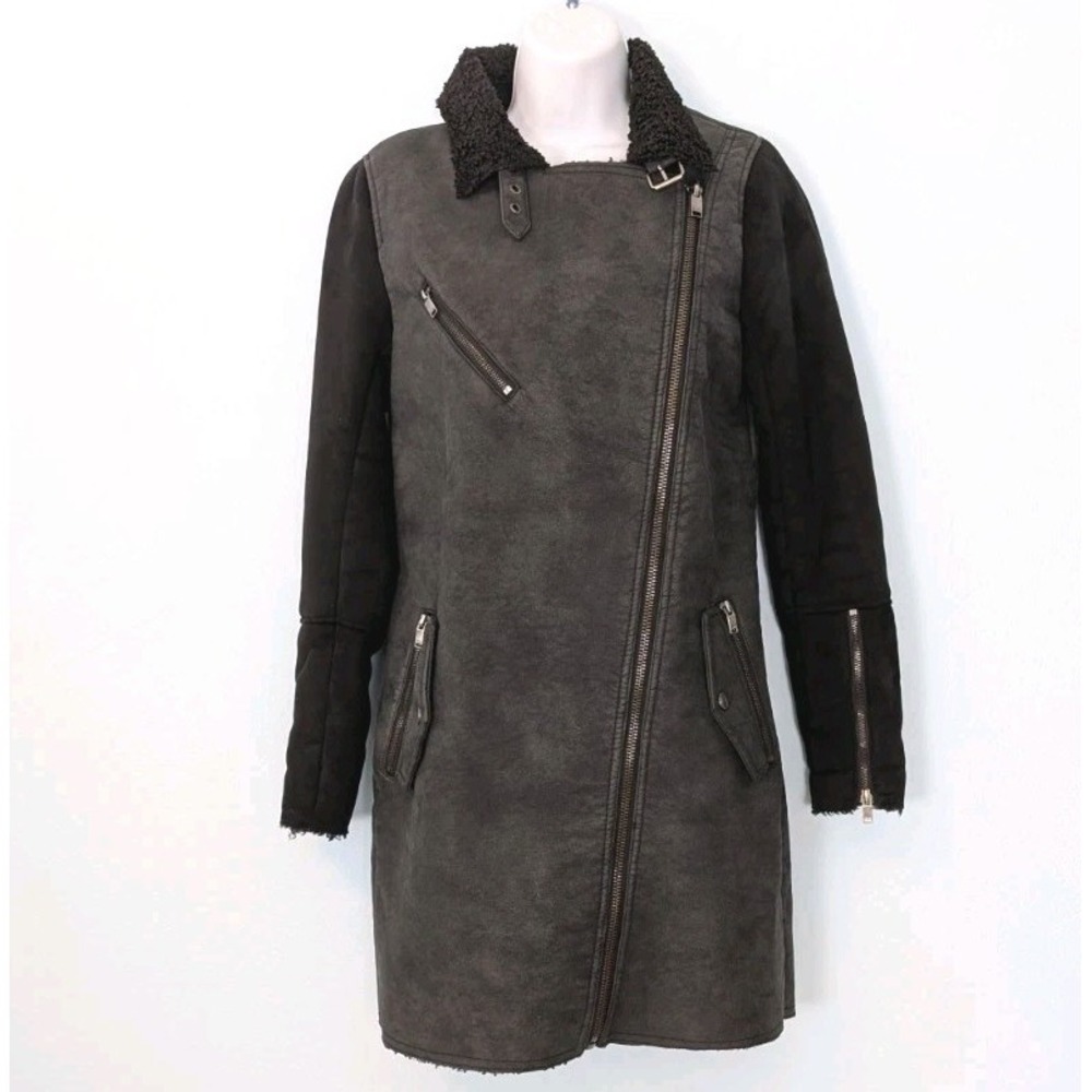 Only Faux Suede Coat Black & Gray Women's Small Assymetric Zipper Sherpa Lined